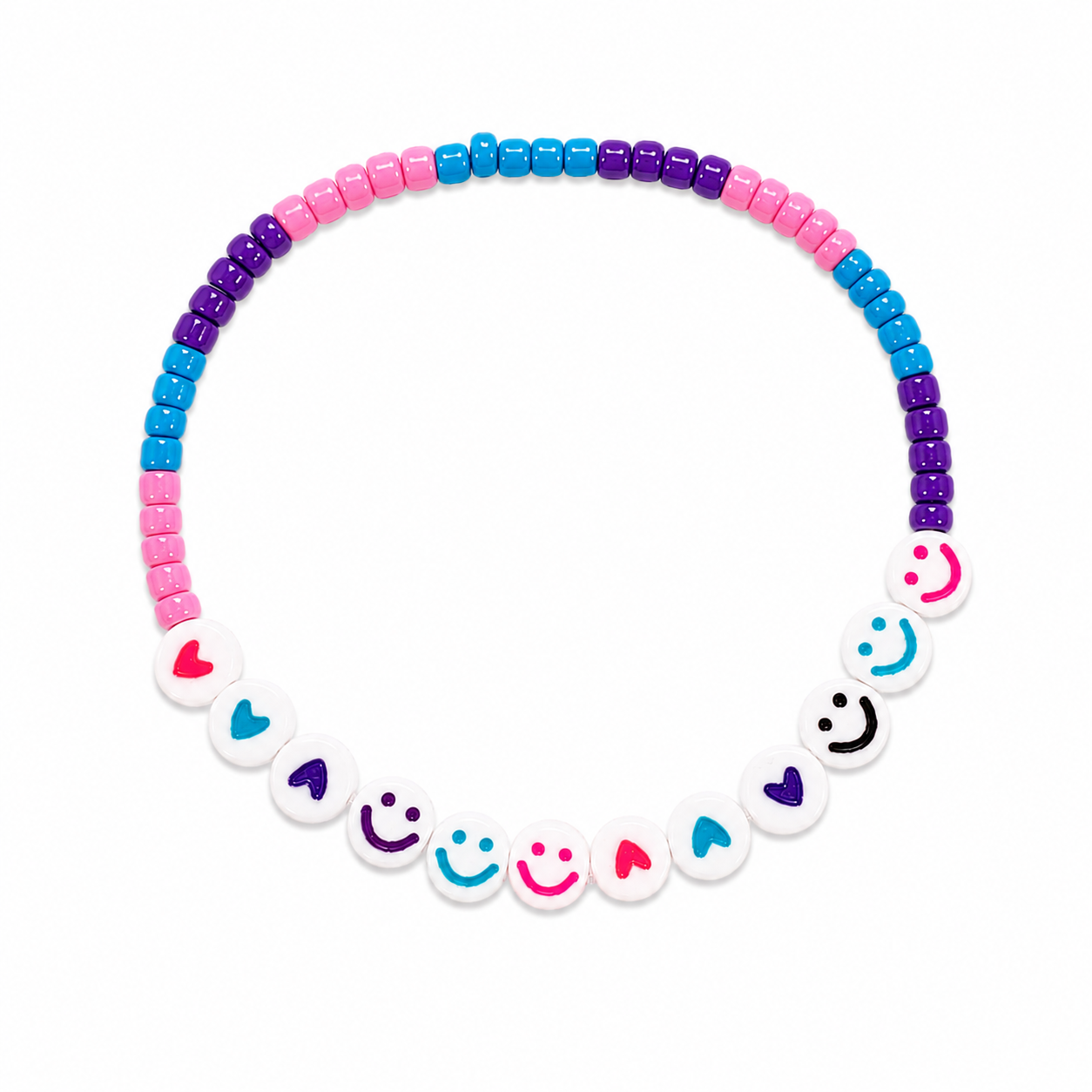 Silly Wristie Bracelet with pink, blue and purple beads and colourful smiley face and heart discs
