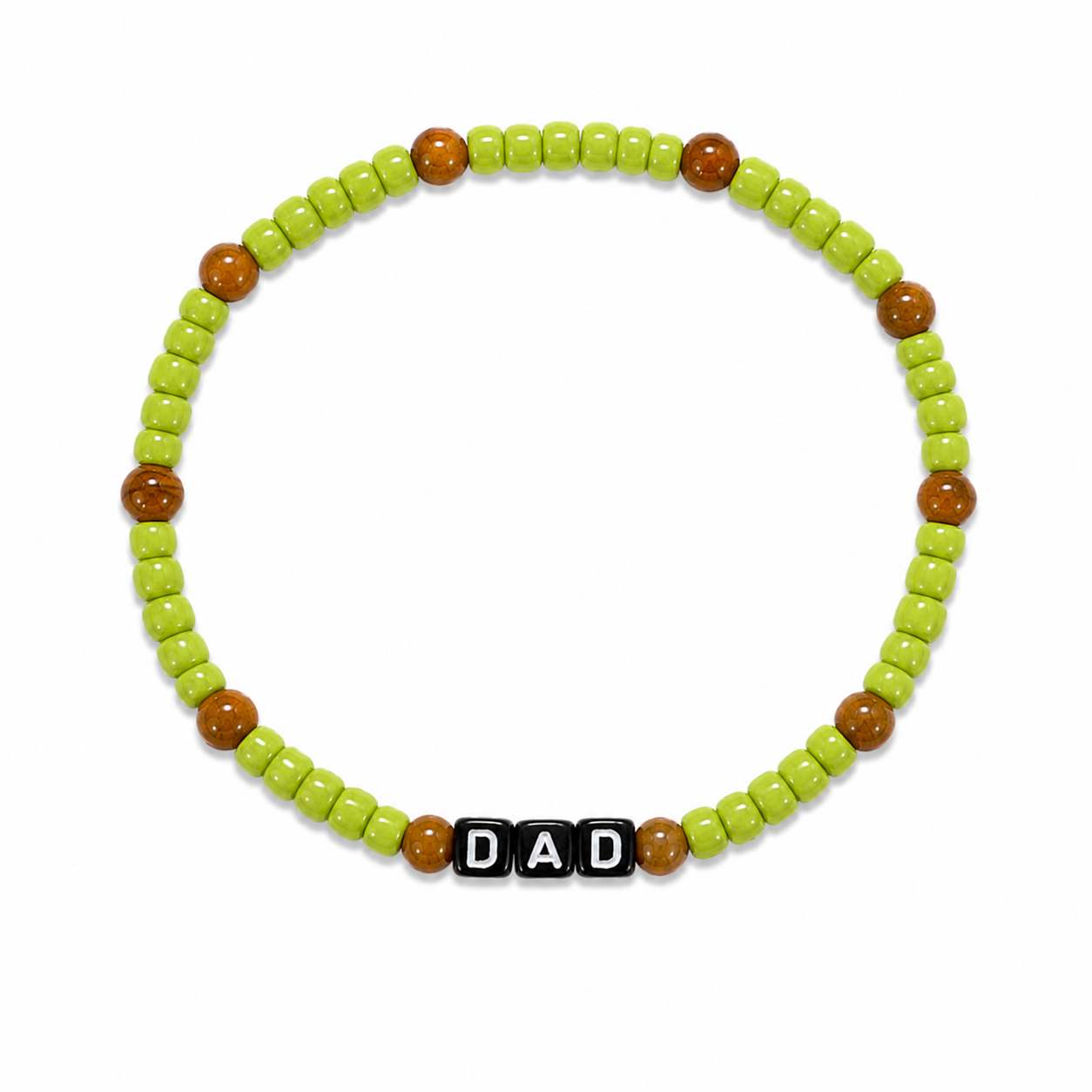 Cool Dad Bracelet with lime green seed beads, brown tiger eye beads and DAD letter cubes