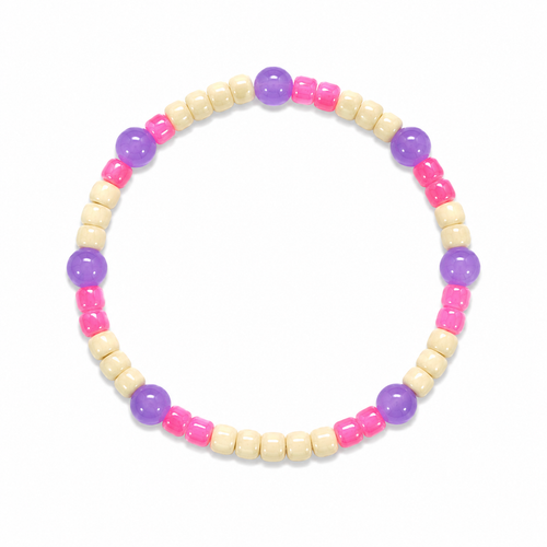 Berry Cream Bracelet with cream wood beads, hot pink pony beads and large purple round beads
