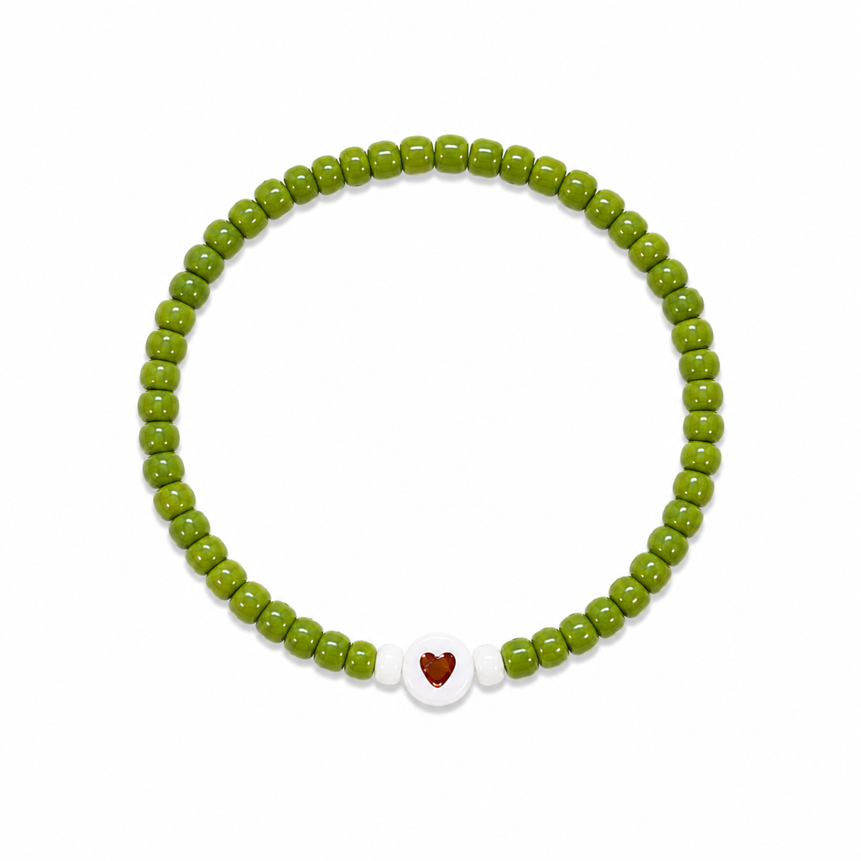 Olive Branch Bracelet with olive green seed beads and a white heart disc bead