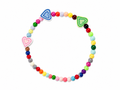 Lovebomb Bracelet with rainbow coloured beads and chunky pink, blue and green layered heart charms