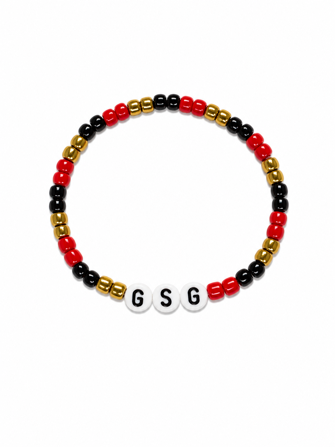 Game Day Bracelet with red, black and gold beads and GSG letter discs