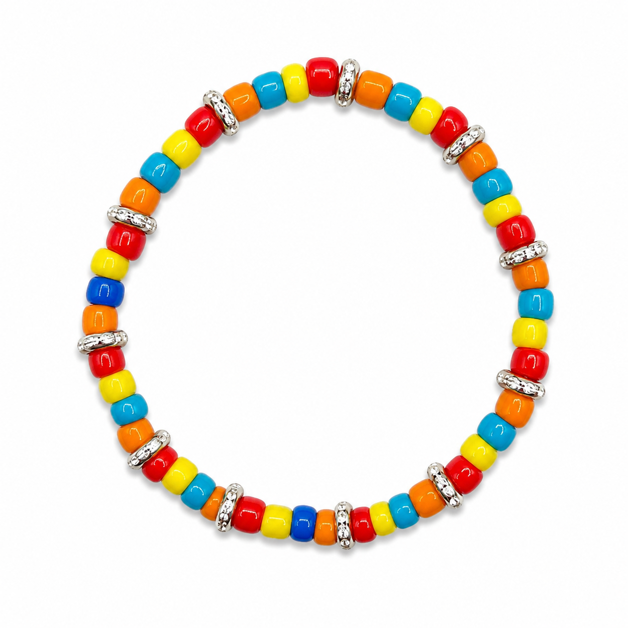 Carnival Bracelet bright red yellow orange teal and blue pony beads with silver spacer rings