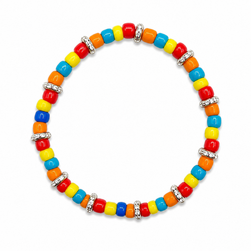 Carnival Bracelet bright red yellow orange teal and blue pony beads with silver spacer rings