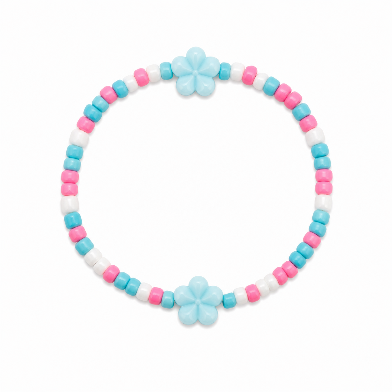 Cloud Puffs Bracelet with blue flower charms and pink, blue, and white seed beads