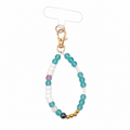 Mermaid Cove Phone Charm with frosted teal, white, lavender, dark pearl and gold beads on a gold lobster clasp