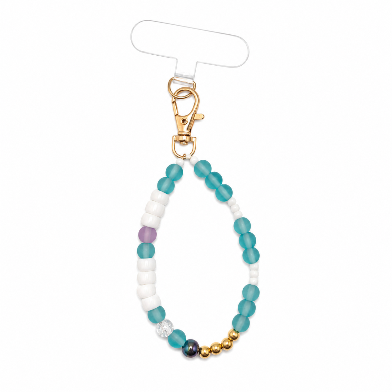Mermaid Cove Phone Charm with frosted teal, white, lavender, dark pearl and gold beads on a gold lobster clasp