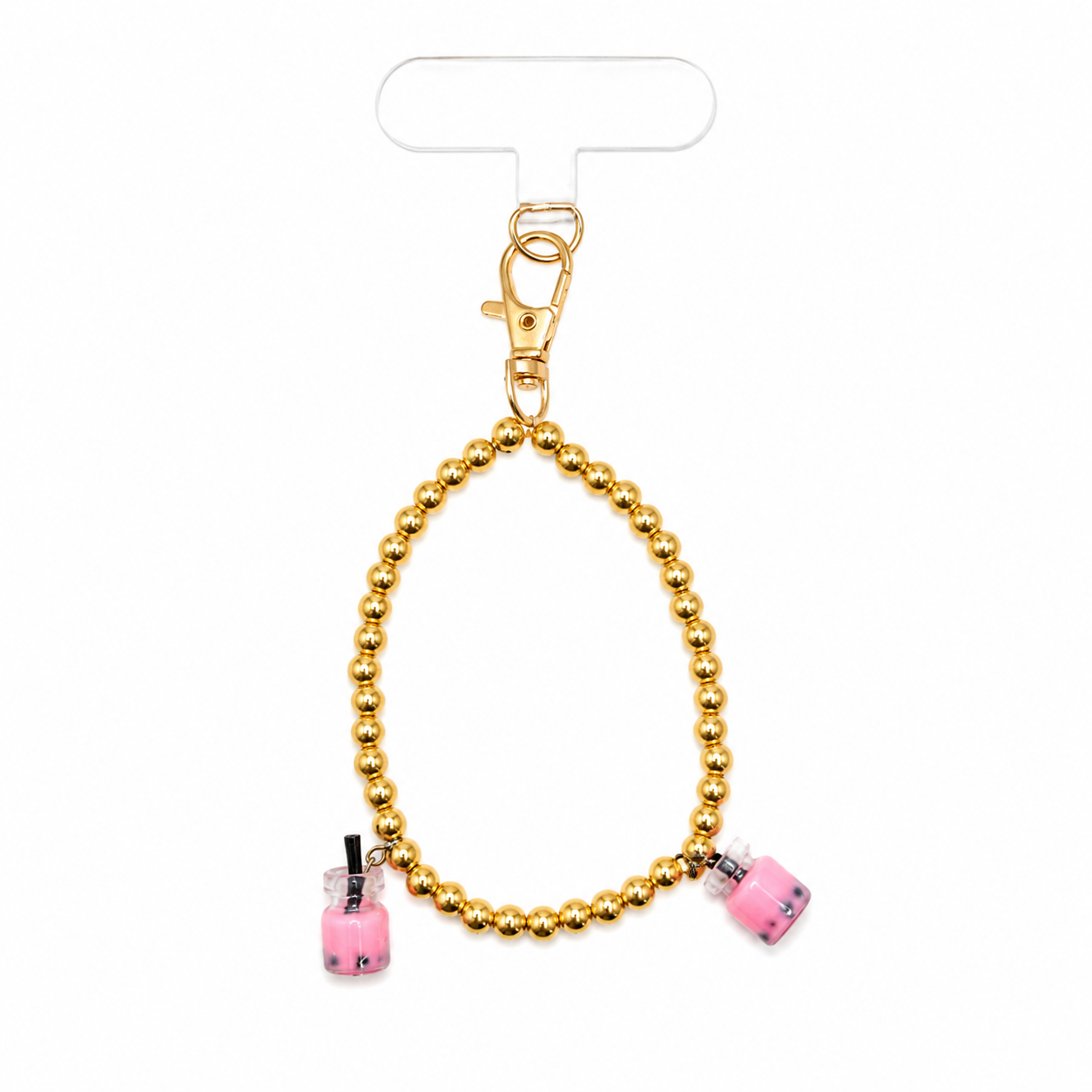 Sip Sip Hooray Phone Charm with gold beads and two pink boba tea charms on a gold lobster clasp