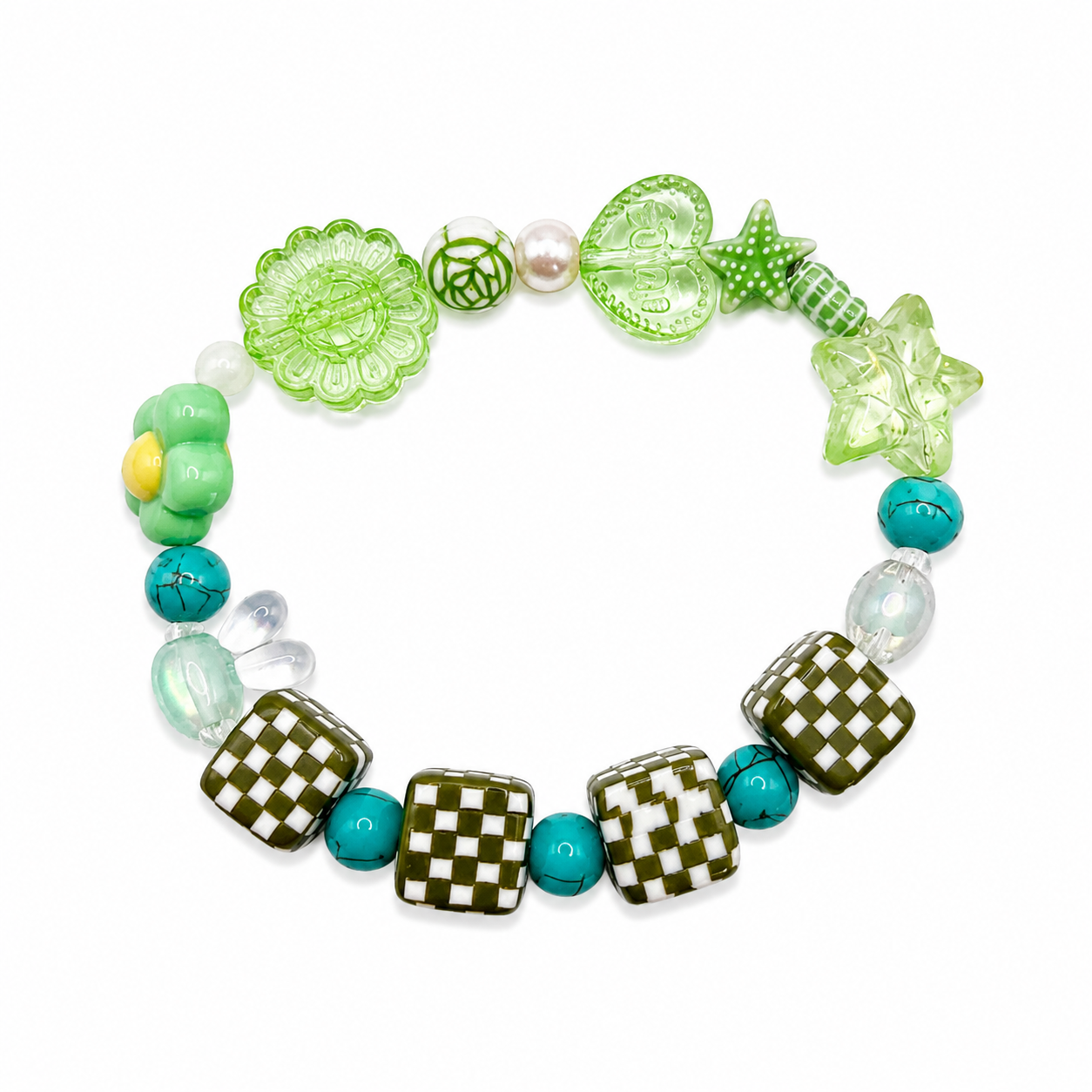 Garden Giggles Bracelet with green flower and butterfly charms, checkered cube beads and turquoise beads