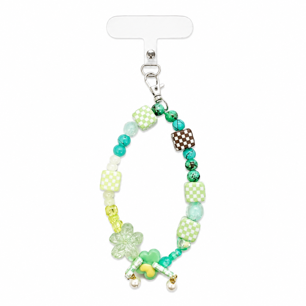 Minty Meadow Phone Charm with mint checkered cubes, turquoise beads, clear flower and clover charms with pearl drops
