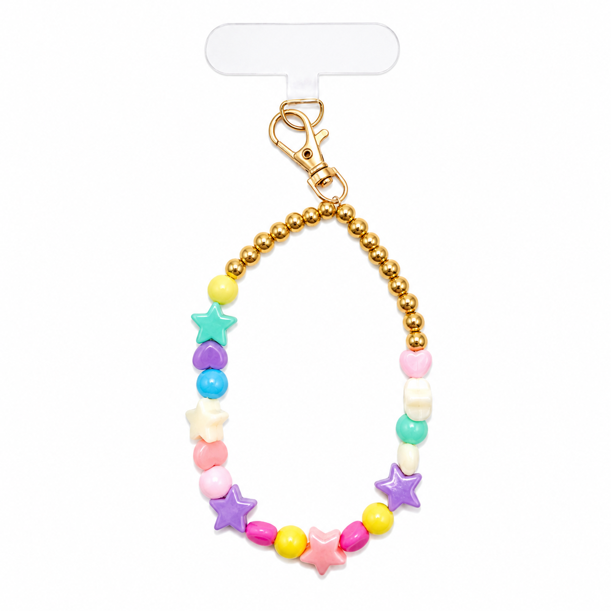 Cosmic Confetti Phone Charm with pastel star and heart charms, colourful pony beads and gold beads on a gold lobster clasp