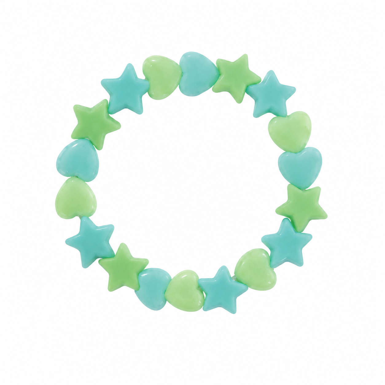 Mint to Be bracelet with teal star and lime green heart beads