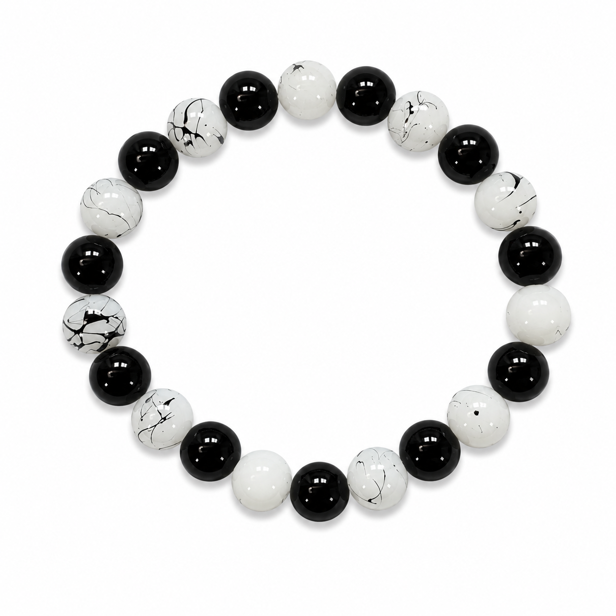 Cookies and Cream bracelet with glossy black and white marbled beads