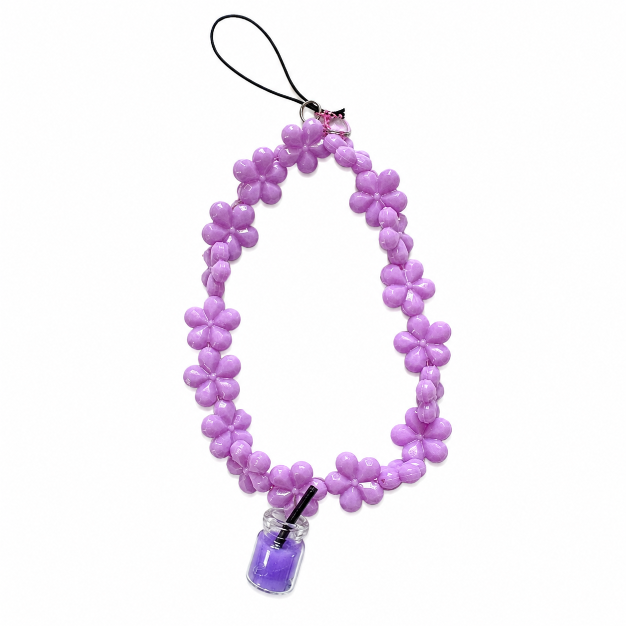 Bloomy Bubbles Bag Charm with purple daisy flower chain and mini bubble tea bottle pendant