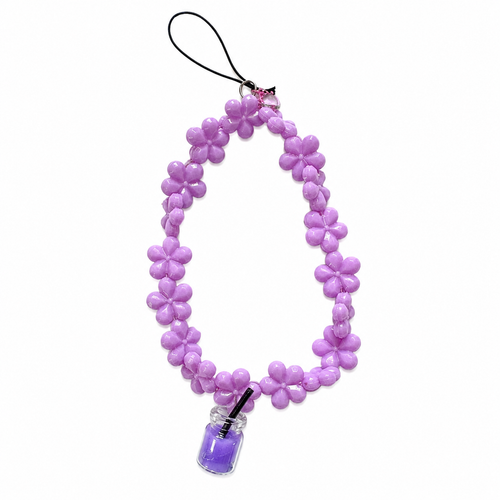 Bloomy Bubbles Bag Charm with purple daisy flower chain and mini bubble tea bottle pendant