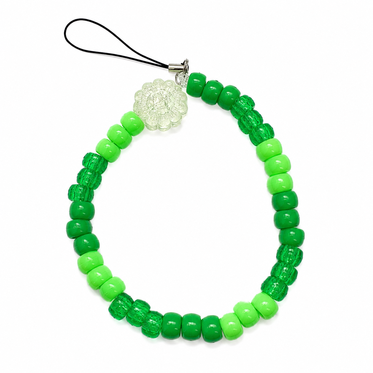 Green Thumb Bag Charm with lime and emerald green beads and crystal flower charm