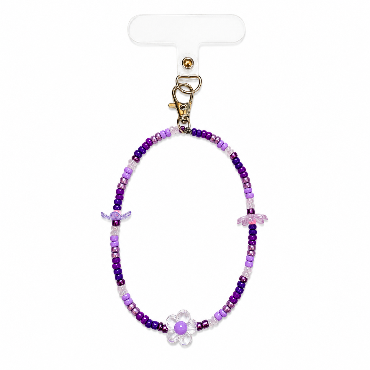 Flutter Fun Phone Charm with purple seed beads and crystal flower charms on a gold lobster clasp