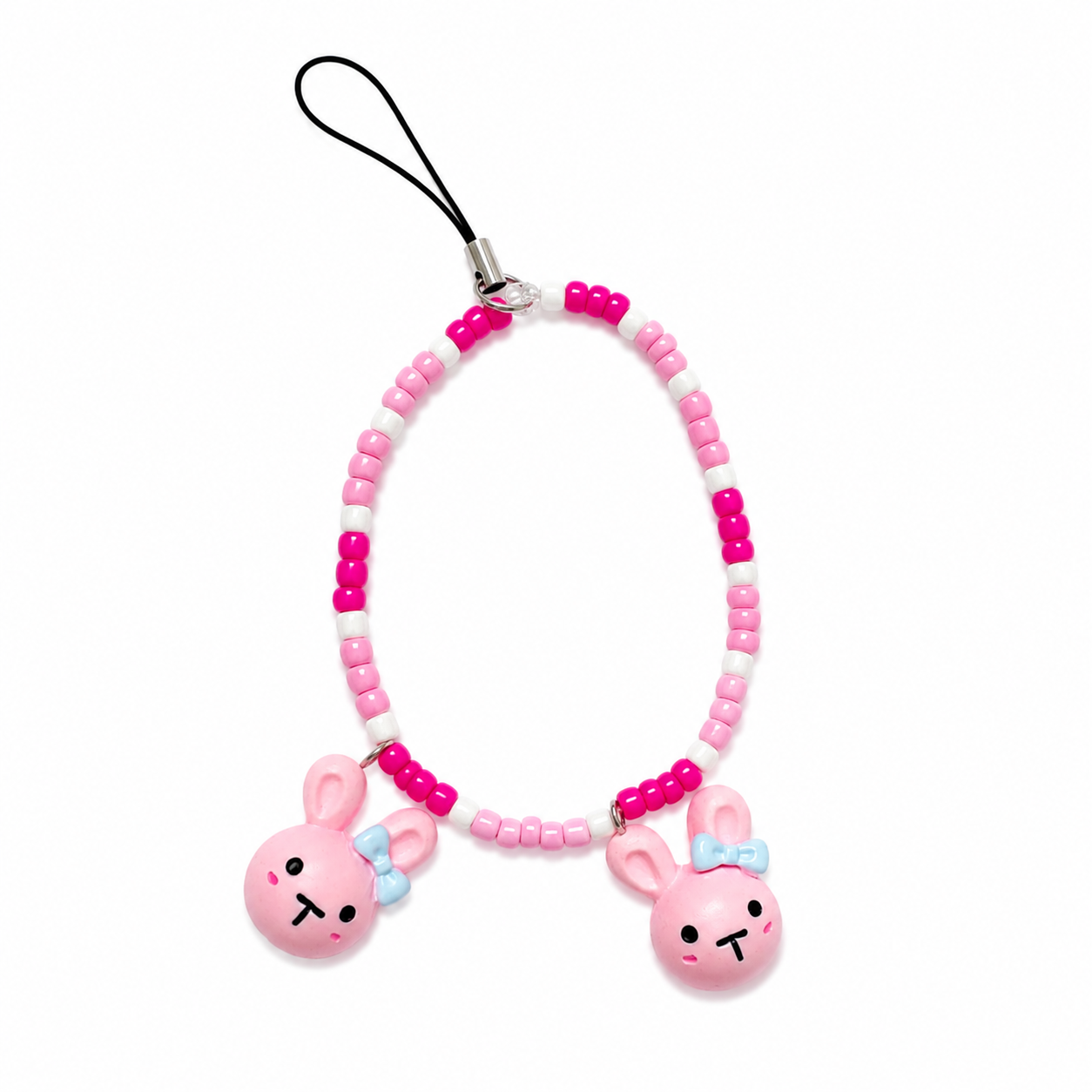 Double Trouble Bag Charm with pink and white seed beads and two bunny face charms with blue bows